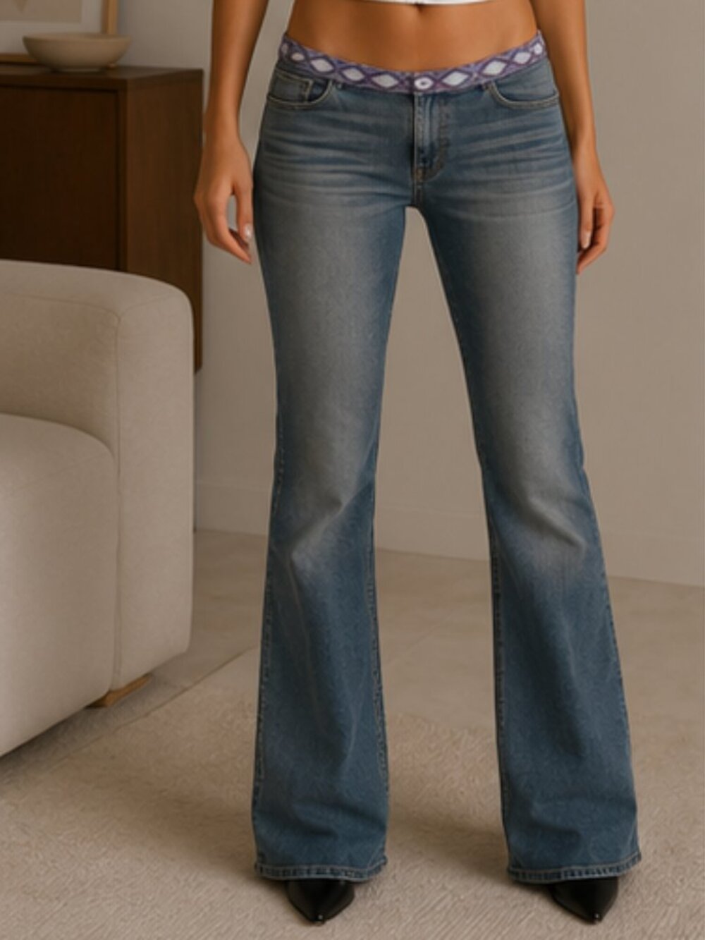 Vintage Voyage Low-Rise Flare Jeans, Beaded Waistband, Designer Denim Size 31